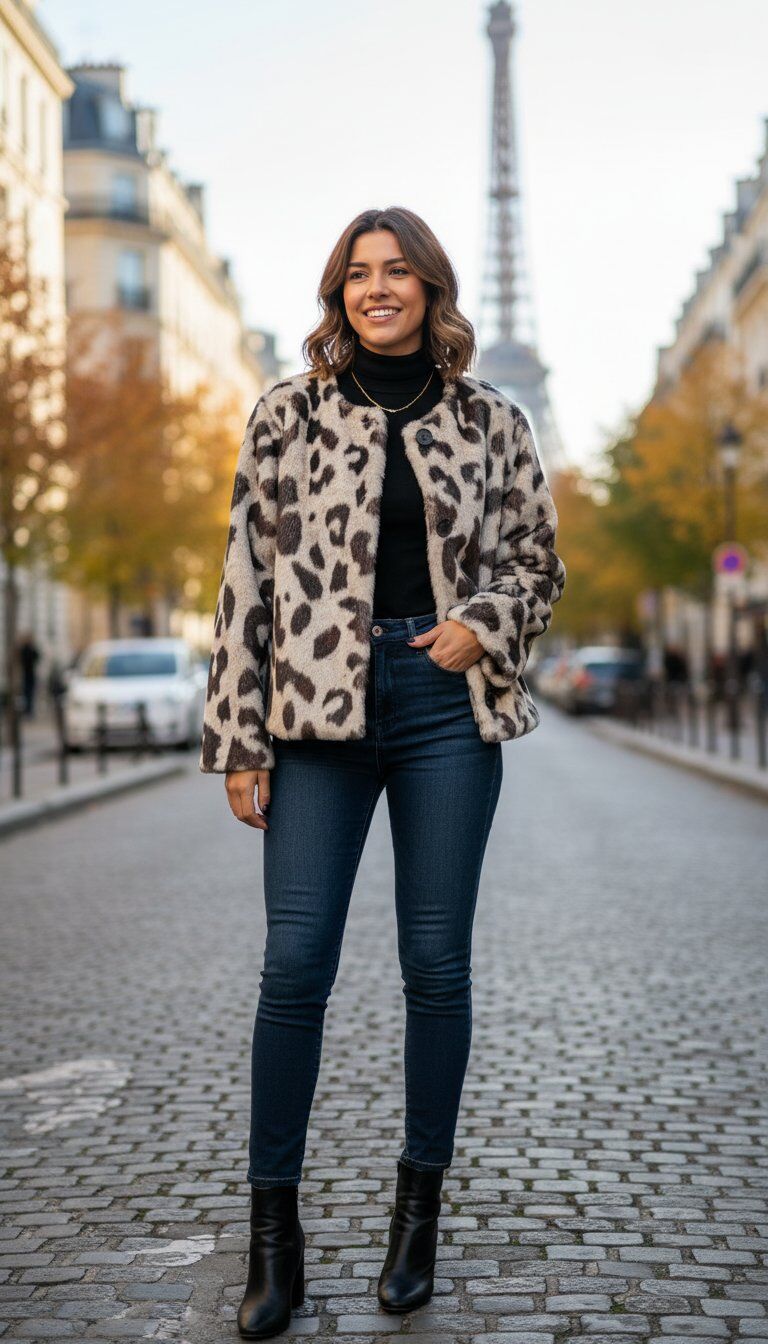 Manteau en faux fur à motif léopard, coupe légèrement oversize, manches longues et col montant. Idéal pour les soirées chics ou décontractées, il ajoute une touche de glamour à toute tenue. Doux au toucher et confortable à porter. TU =  36-42,