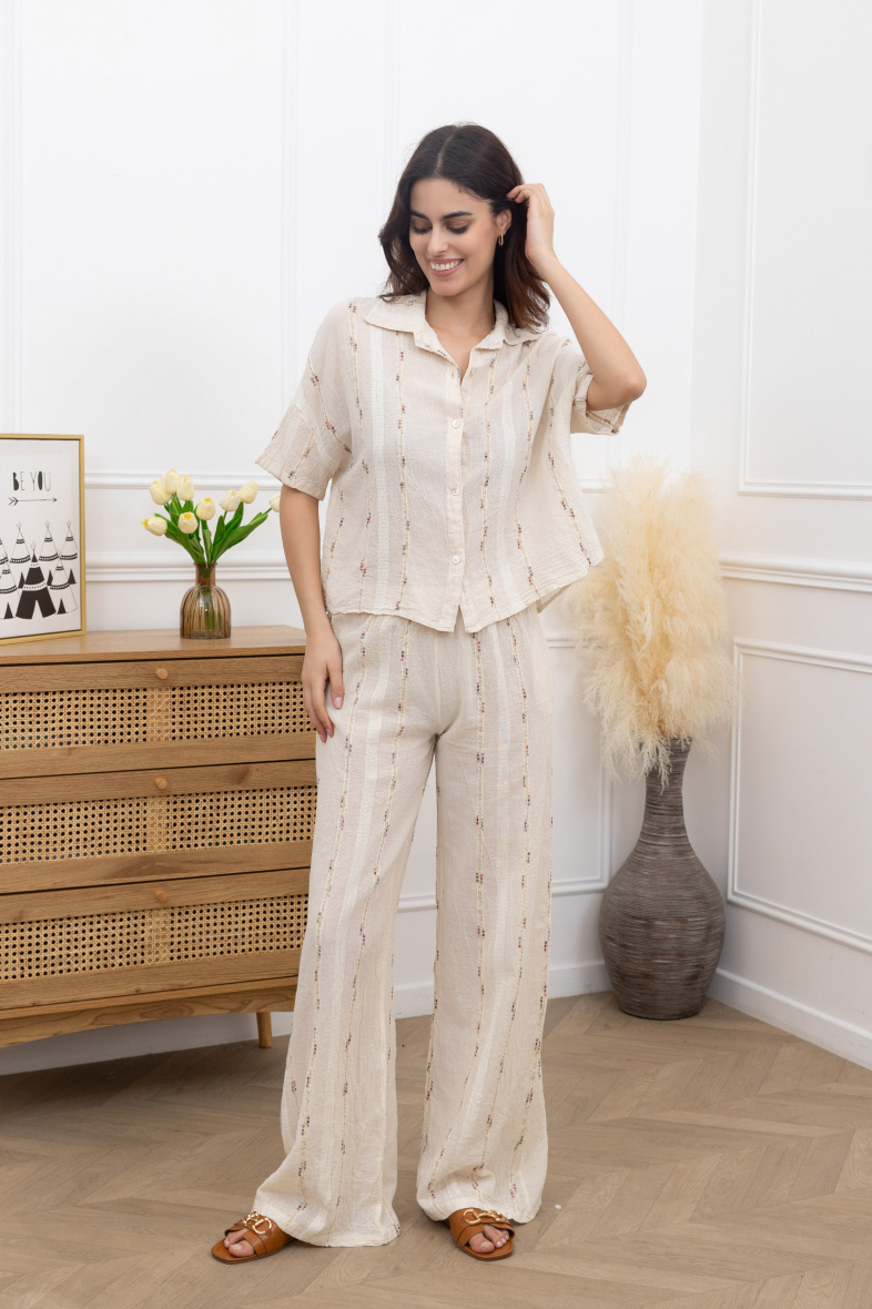 Wholesaler Amy&Clo - Fluid pants with gold detail in cotton linen