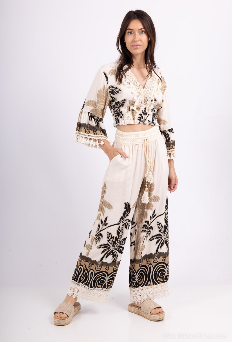 Wholesaler Amy&Clo - Wide palm print pants with lace details