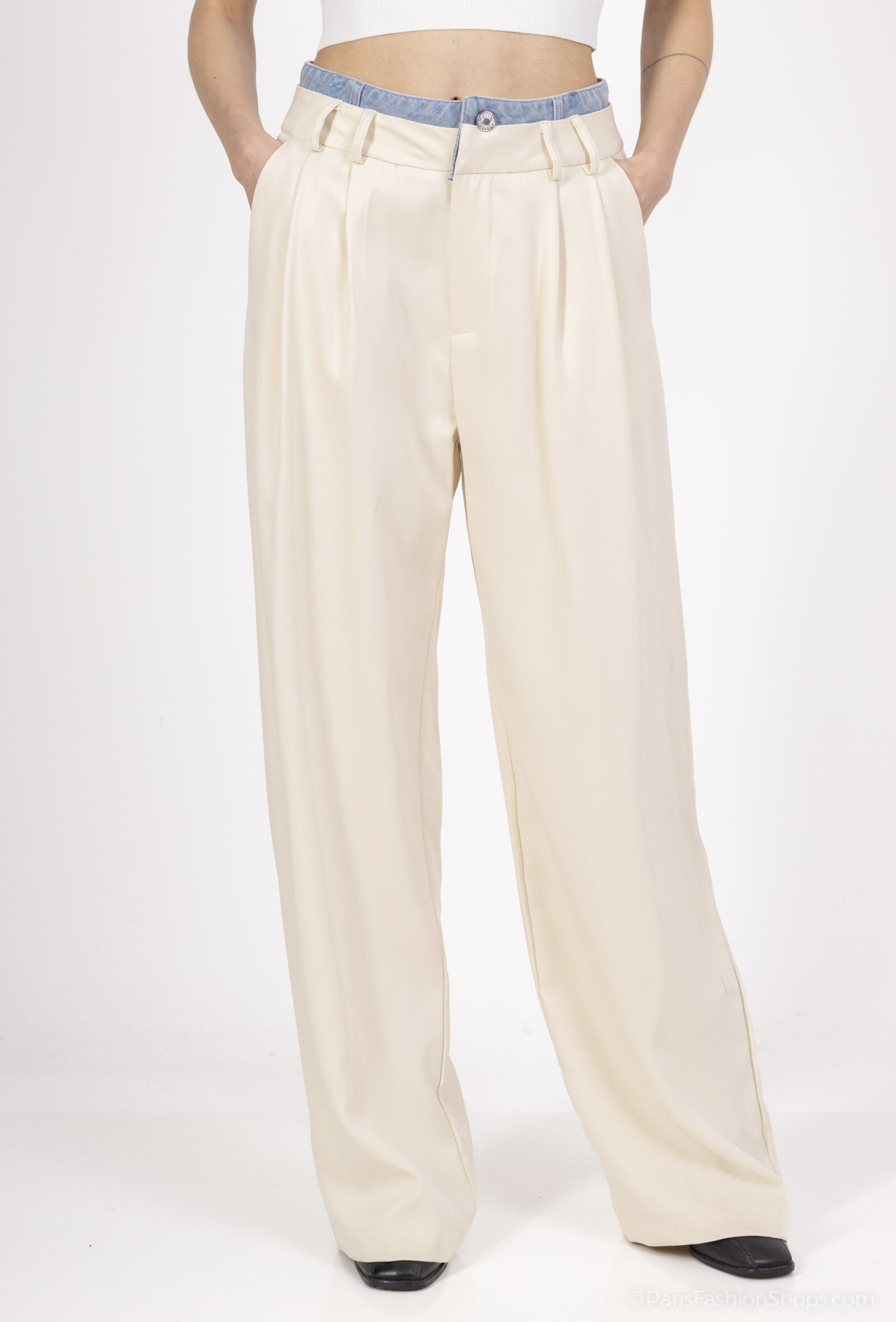 Wholesaler Amy&Clo - Wide pants with pleat and denim detail