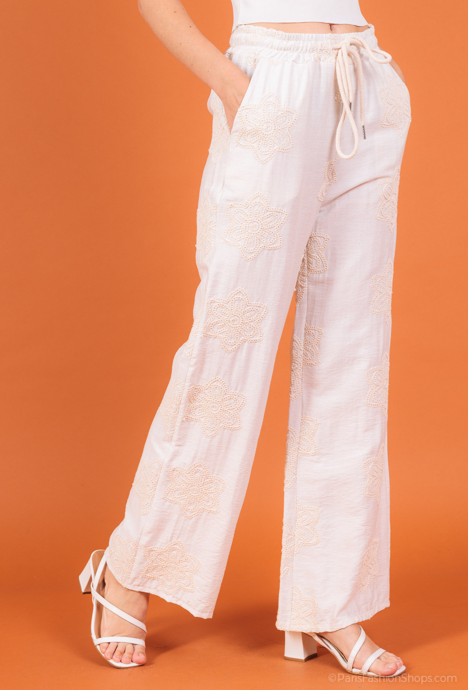 Grossiste Amy&Clo - Pantalon Large en Lin à Taille Élastique