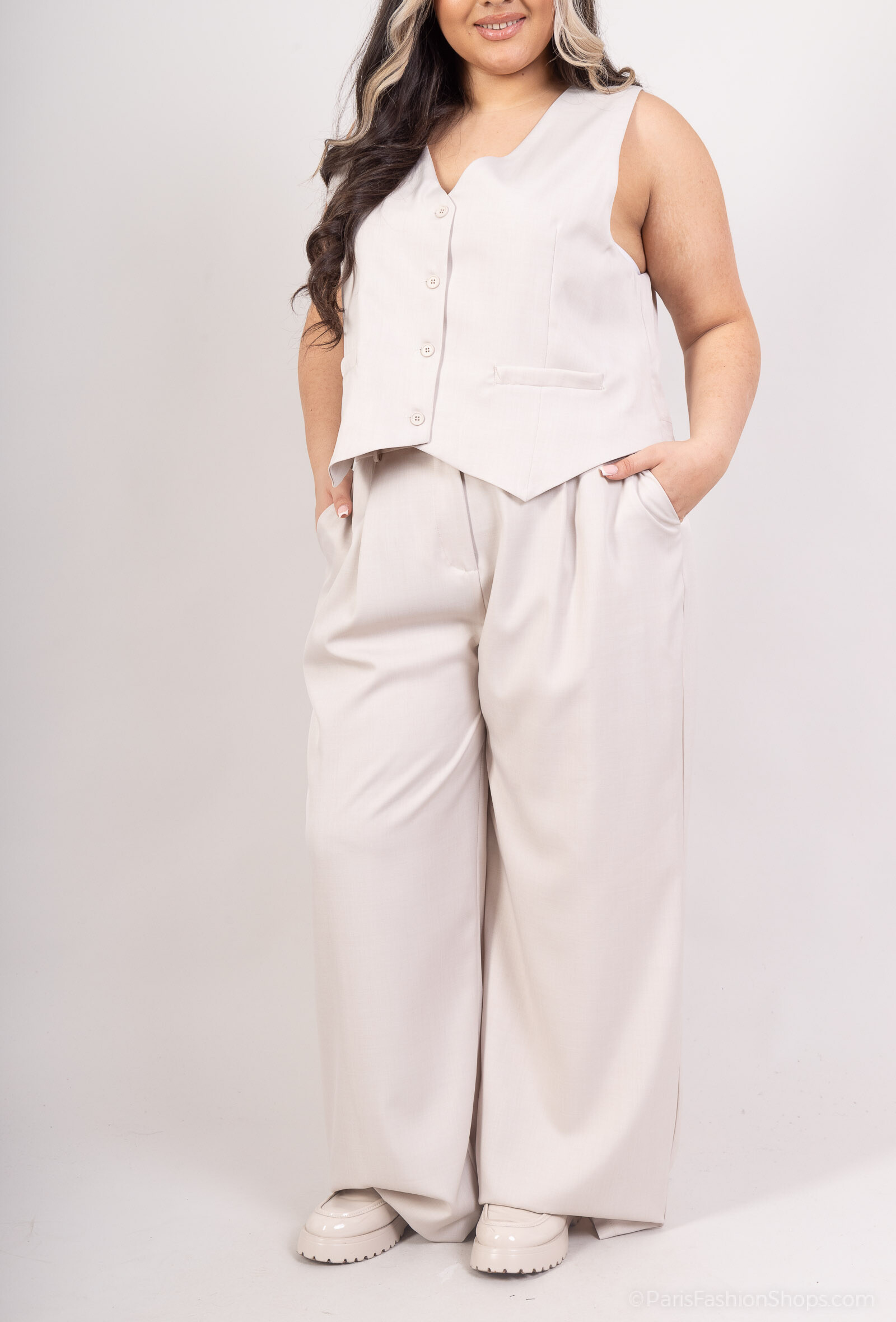 Grossiste Amy&Clo - Plus Size Pantalon Large  en Lin