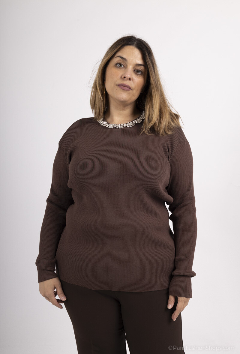 Mayorista Amy&Clo - Jersey de punto canalé elástico con collar de strass
