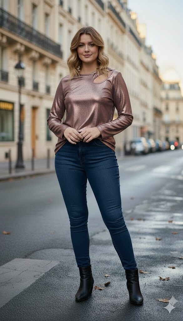 Wholesaler Amy&Clo - PLUS SIZE - Asymmetrical metallic top with shoulder cut-out