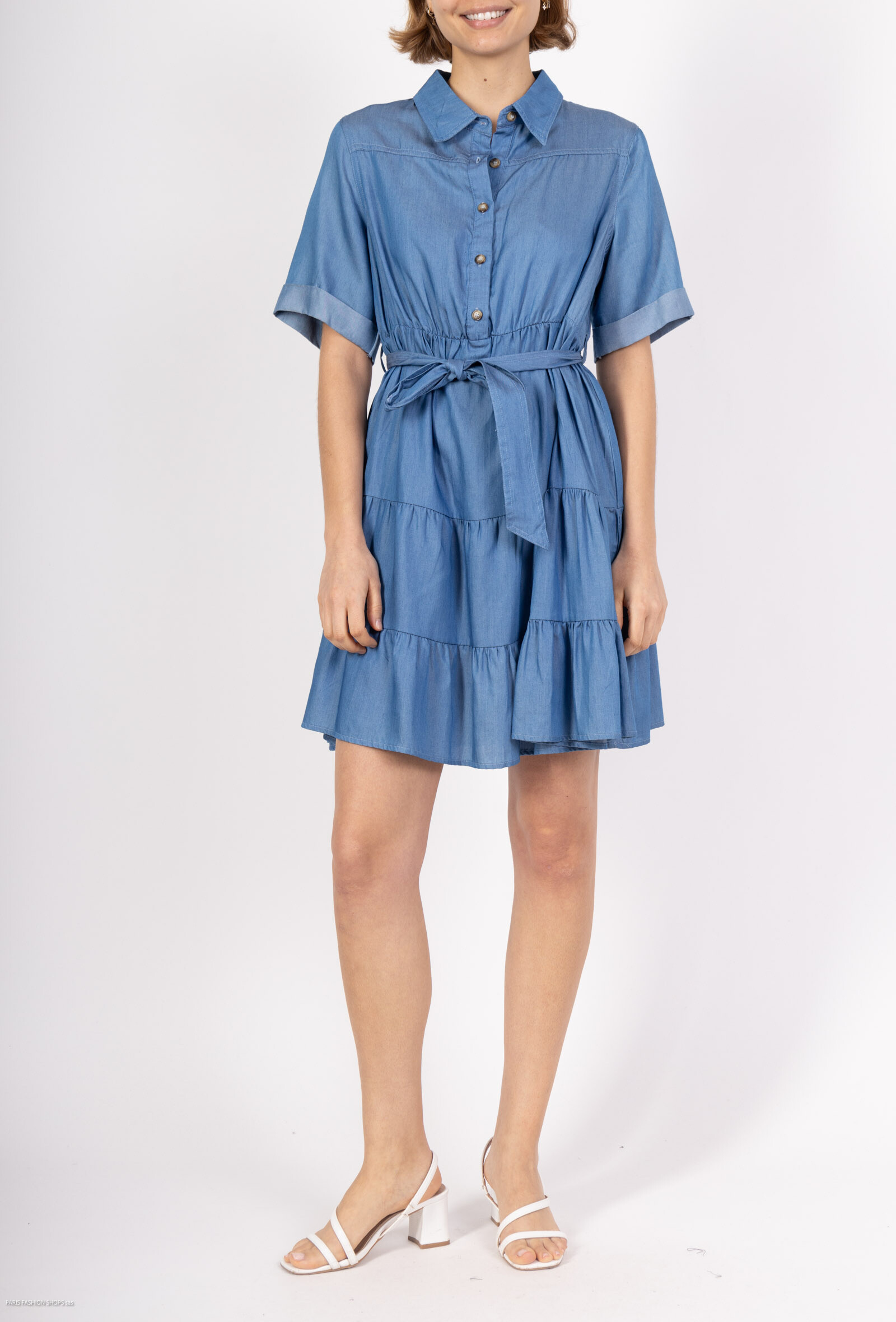 Grossista Amy&Clo - Abito camicia corto con bottoni e cintura in cotone