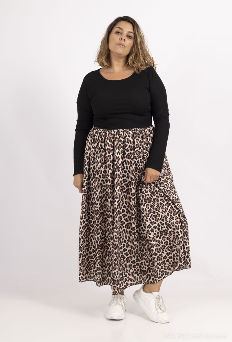 Grossiste Amy&Clo - Plus size Robe bi-matière jersey et imprimé animalier