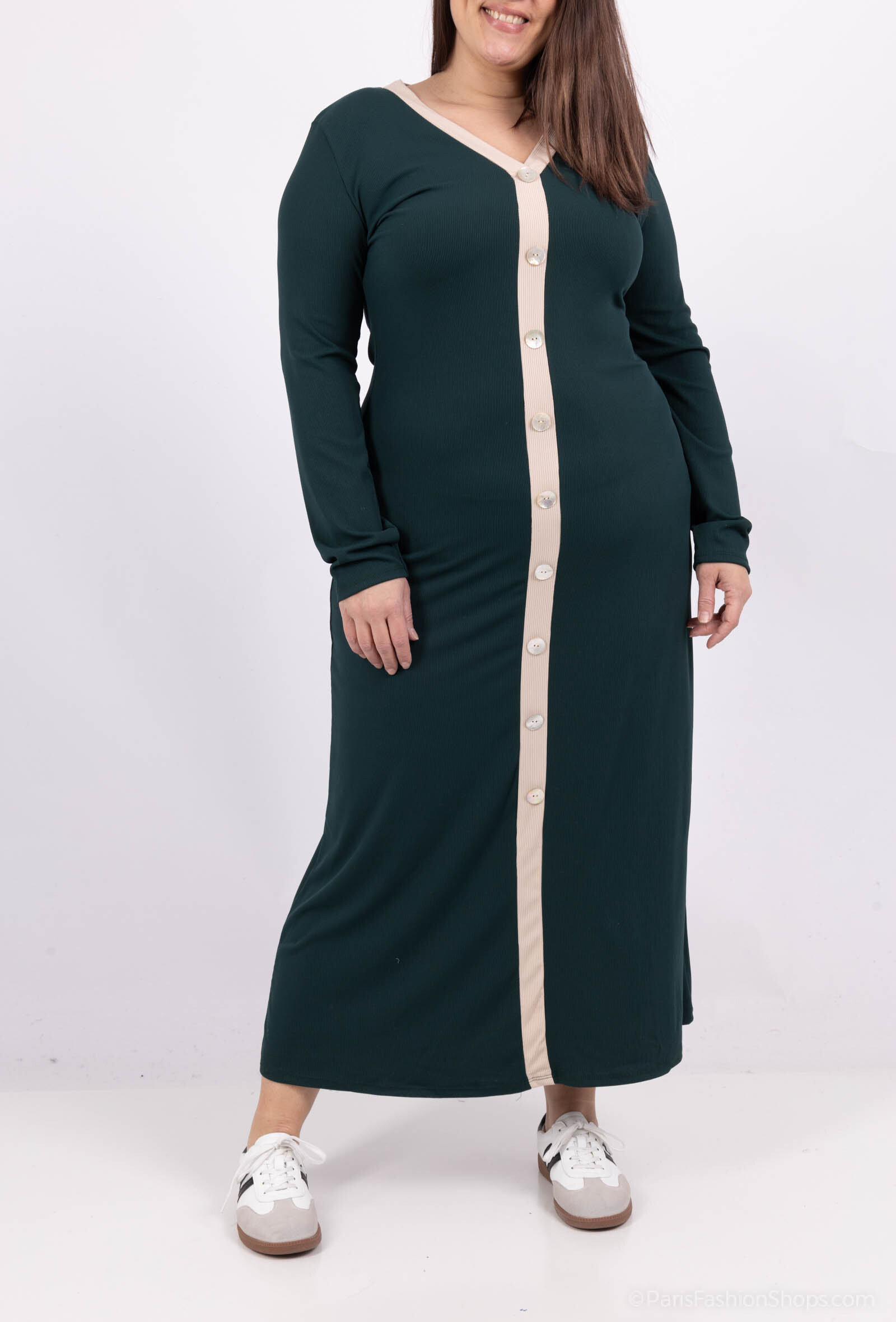 Großhändler Amy&Clo - PLUS SIZE Langes Kleid aus geripptem Jersey mit kontrastierendem Band