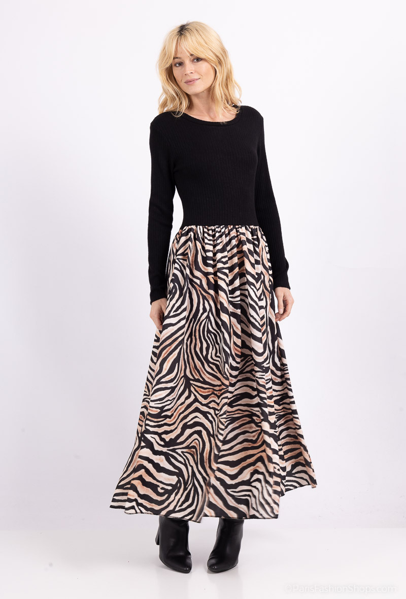Grossiste Amy&Clo - Robe mi-longue bi-matière avec imprimé animalier