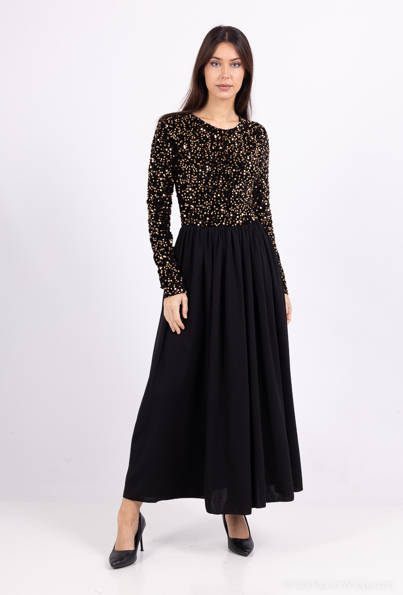 Wholesaler Amy&Clo - Long mixed-fabric dress with sequins and flared skirt