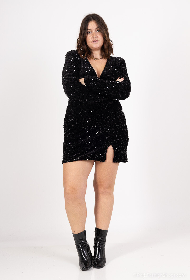 Großhändler Amy&Clo - Kurzes Plus-Size-Kleid aus Samt und Pailletten, gefüttert