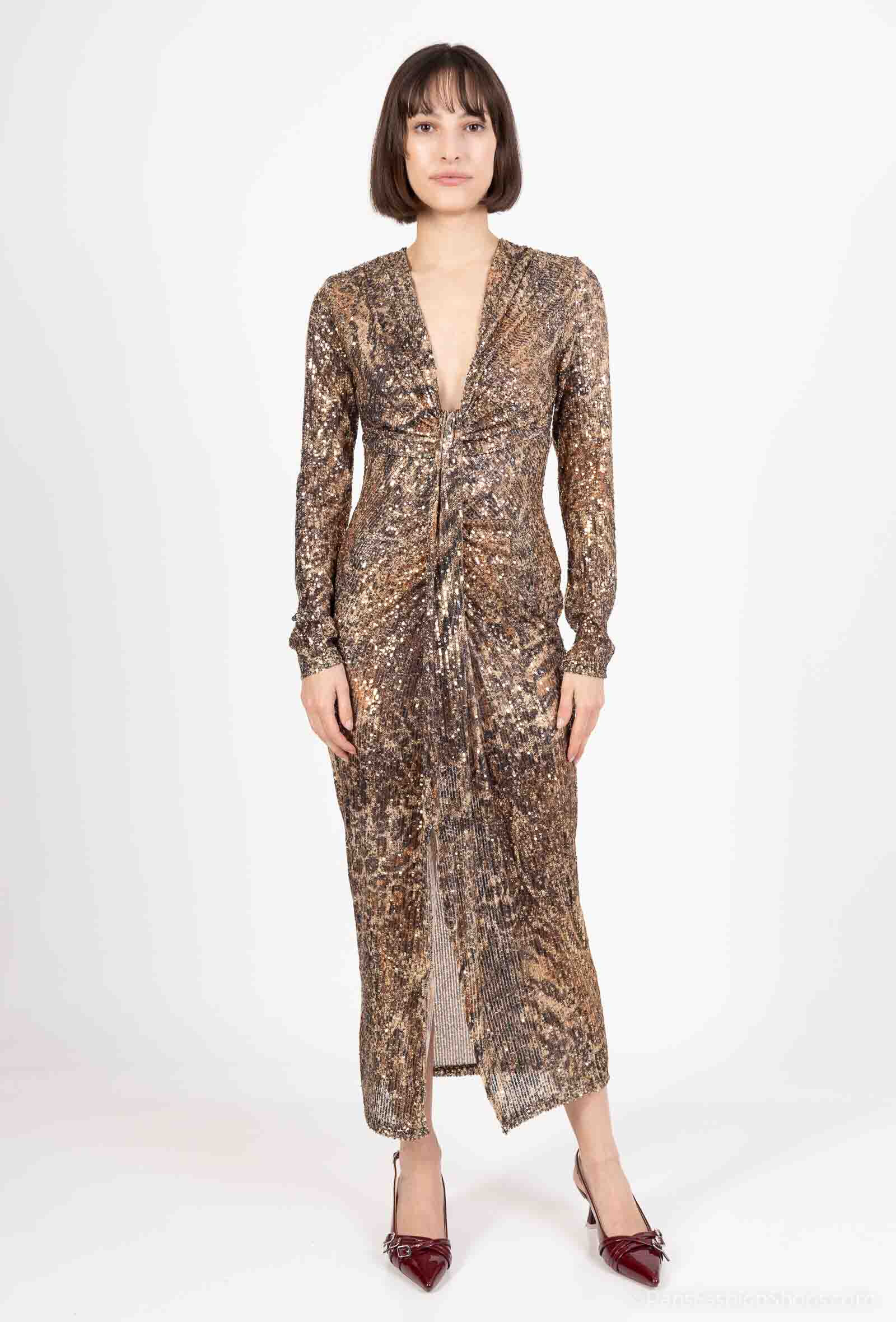 Wholesaler Amy&Clo - Mid-length dress in animal print sequins, draped and lined