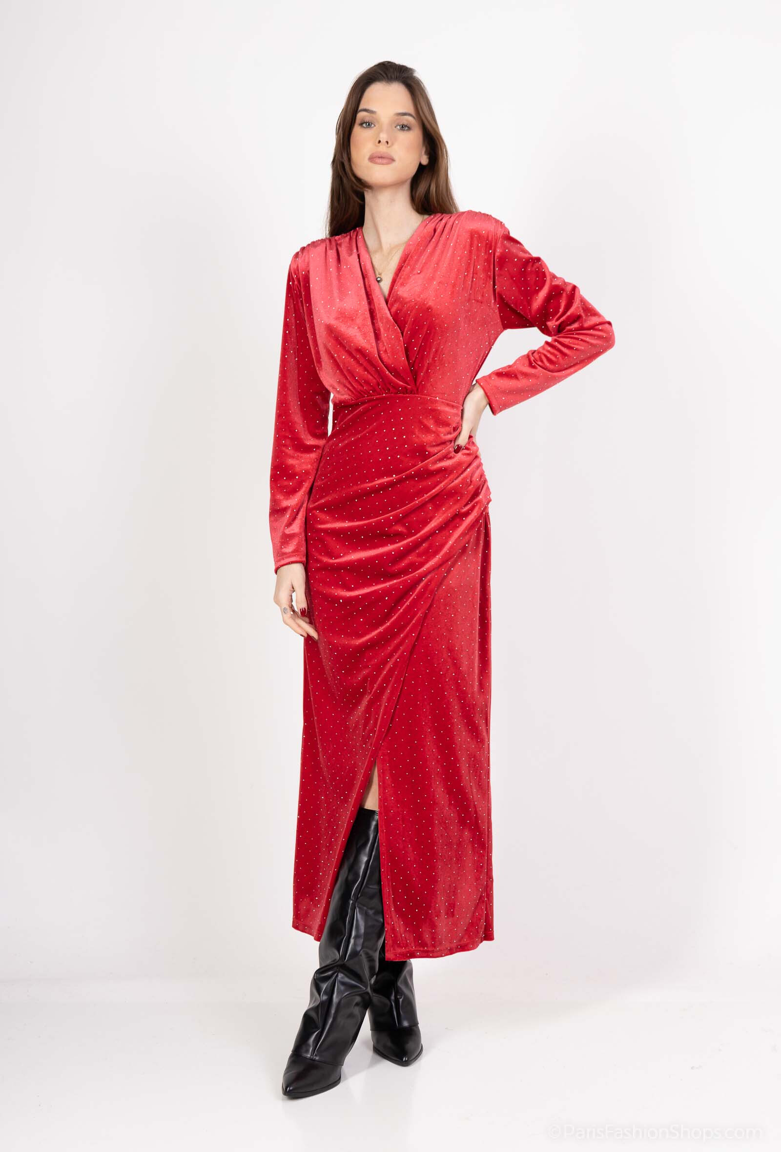 Großhändler Amy&Clo - Wickelkleid aus Samt mit Strasssteinen und Wickelausschnitt, Einheitsgröße
