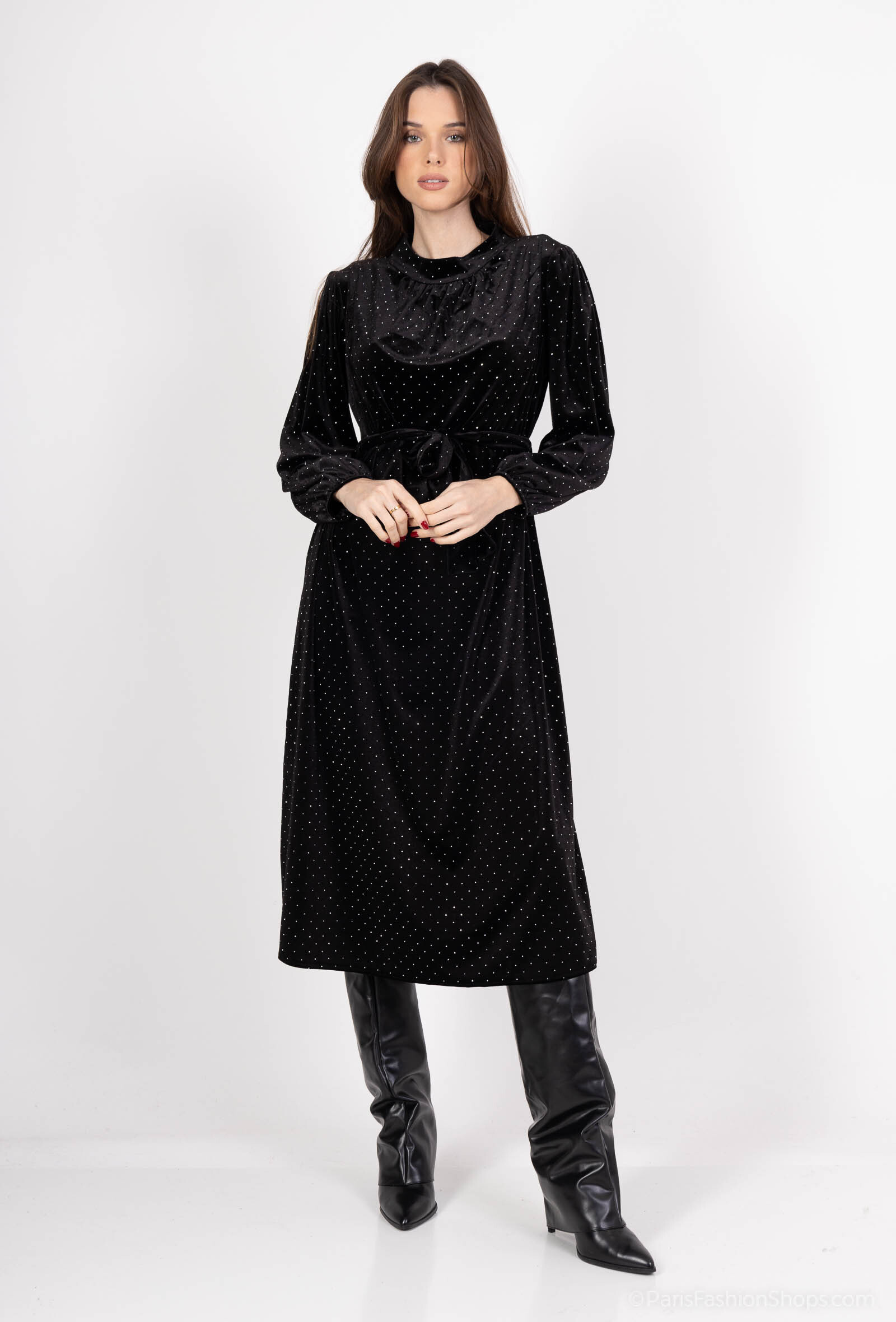 Wholesaler Amy&Clo - Velvet dress with rhinestones and round neck, one size