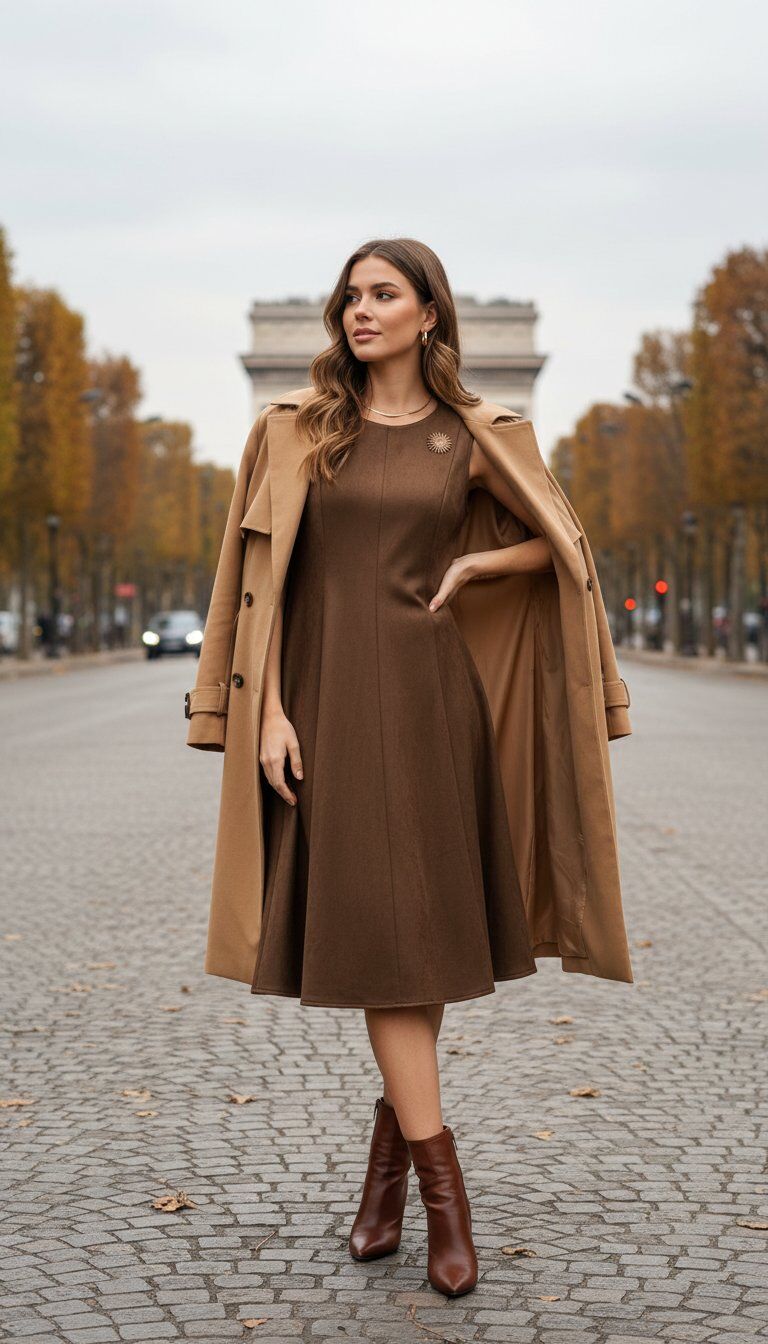 Long faux suede dress with decorative pins. Sleeveless, round neck, and flared cut for a chic and refined style. Perfect for special occasions or everyday wear, offering both comfort and elegance. One size fits 36-42 Amy&Clo Paris