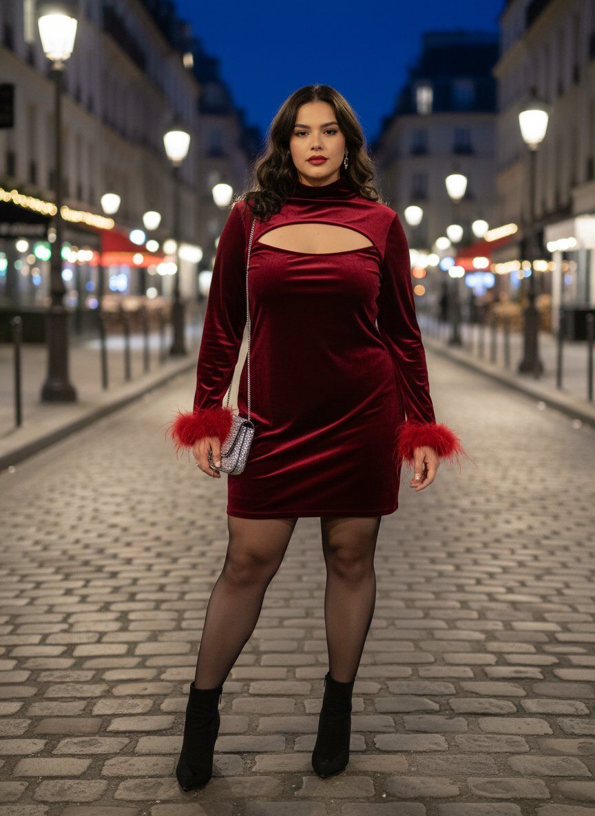 Wholesaler Amy&Clo - PLUS SIZE - Velvet Dress with Fur Sleeves