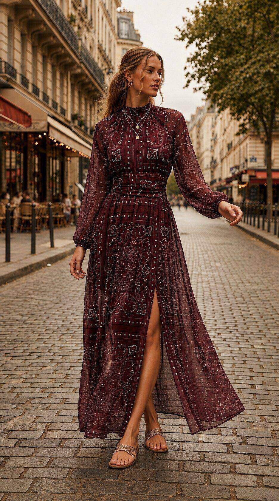 Grossiste Amy&Clo - Robe longue fendue fluide à col montant