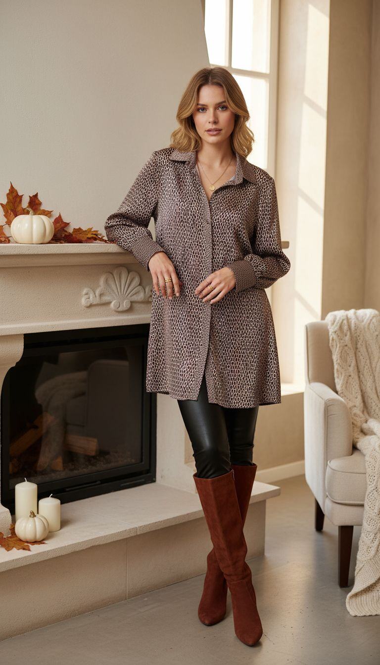 Flowy shirt dress with chain print, classic collar, roll-up long sleeves. Satin fabric for an elegant and casual look, easy to wear for any occasion. Perfect for a modern and refined style. One size fits 36-42, Amy&Clo Paris