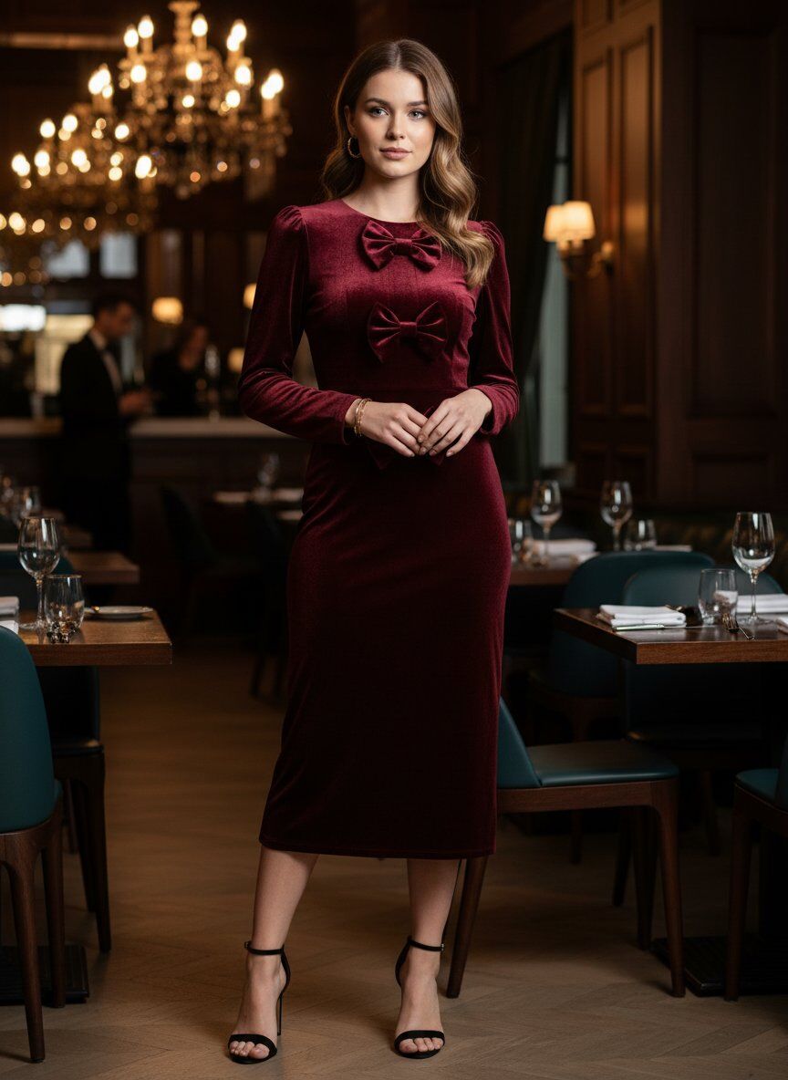 This mid-length velvet dress features long sleeves and a round neckline. Decorative front bows add an elegant touch. A chic and comfortable garment, perfect for special occasions and easy to wear. One size fits 36-40, Amy&Clo Paris