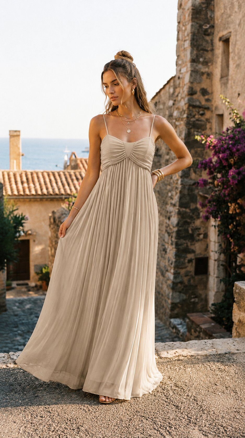 Mayorista Amy&Clo - Vestido largo plisado con tirantes finos