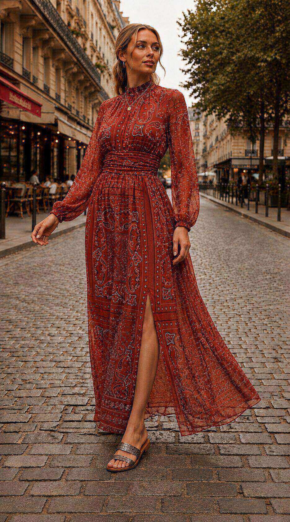 Wholesaler Amy&Clo - Flowy long slit dress with a high neckline