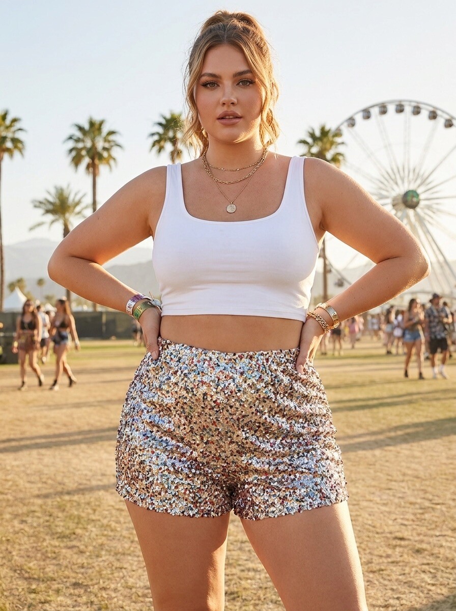 Wholesaler Amy&Clo - PLUS SIZE - High-waisted sequin shorts with a straight cut