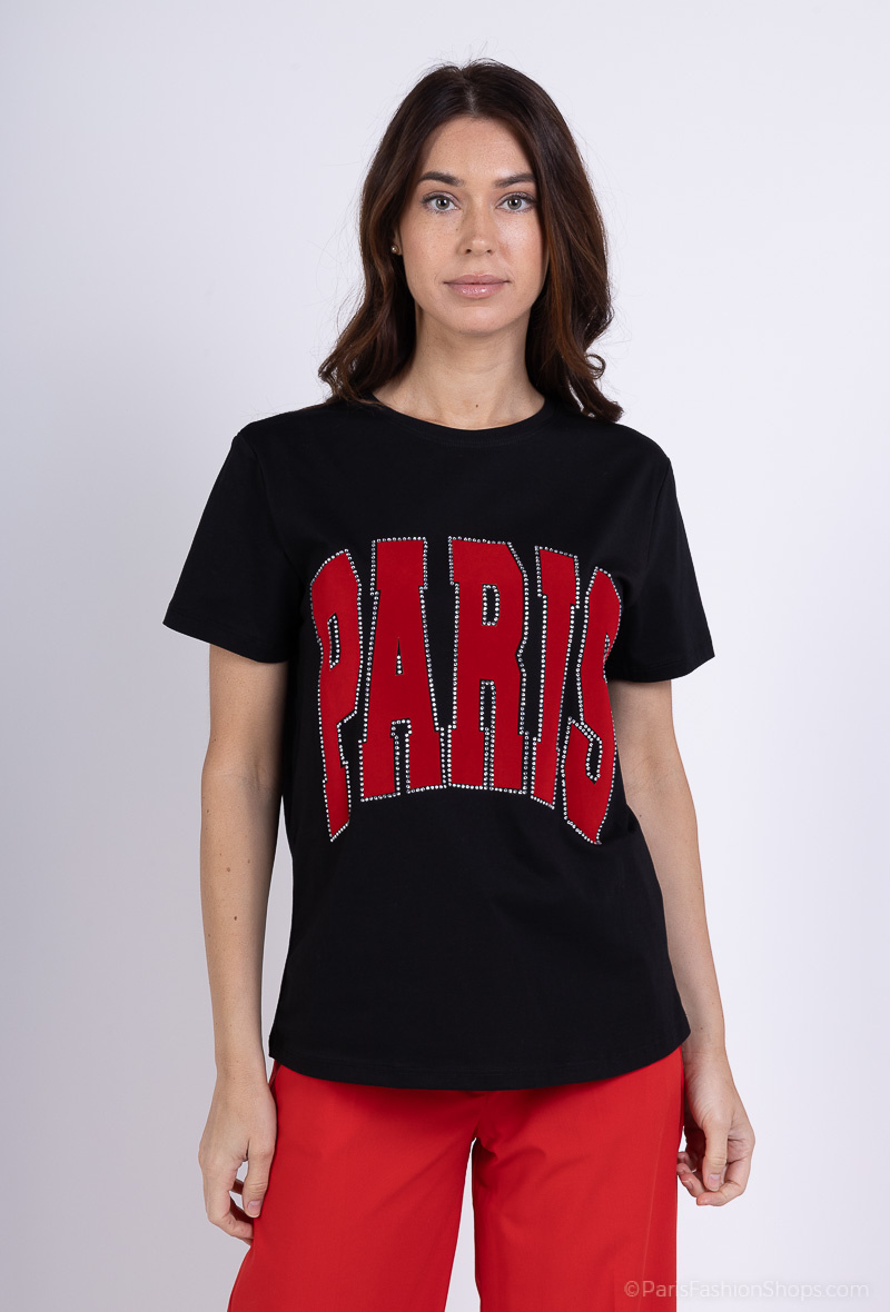 Grossista Amy&Clo - Maglietta in cotone con scollo rotondo e strass stampati "PARIS"