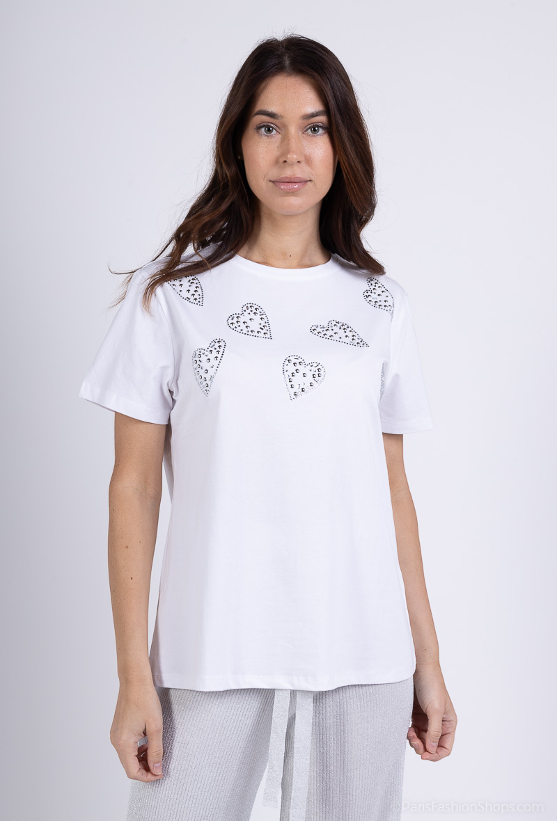 Grossista Amy&Clo - Maglietta di cotone con scollo rotondo e cuori di strass