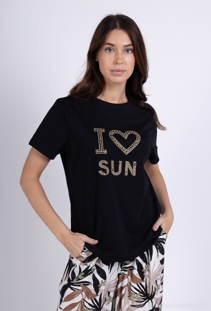 Grossista Amy&Clo - T-shirt girocollo con strass "I LOVE SUN" in cotone