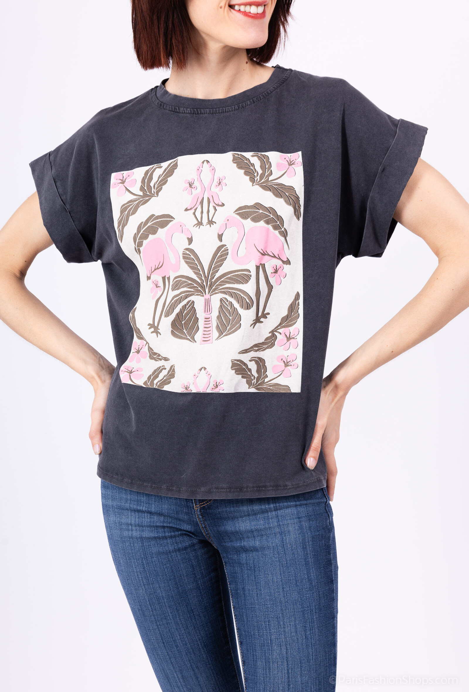 Wholesaler Amy&Clo - Print t-shirt 'pink flamingo'