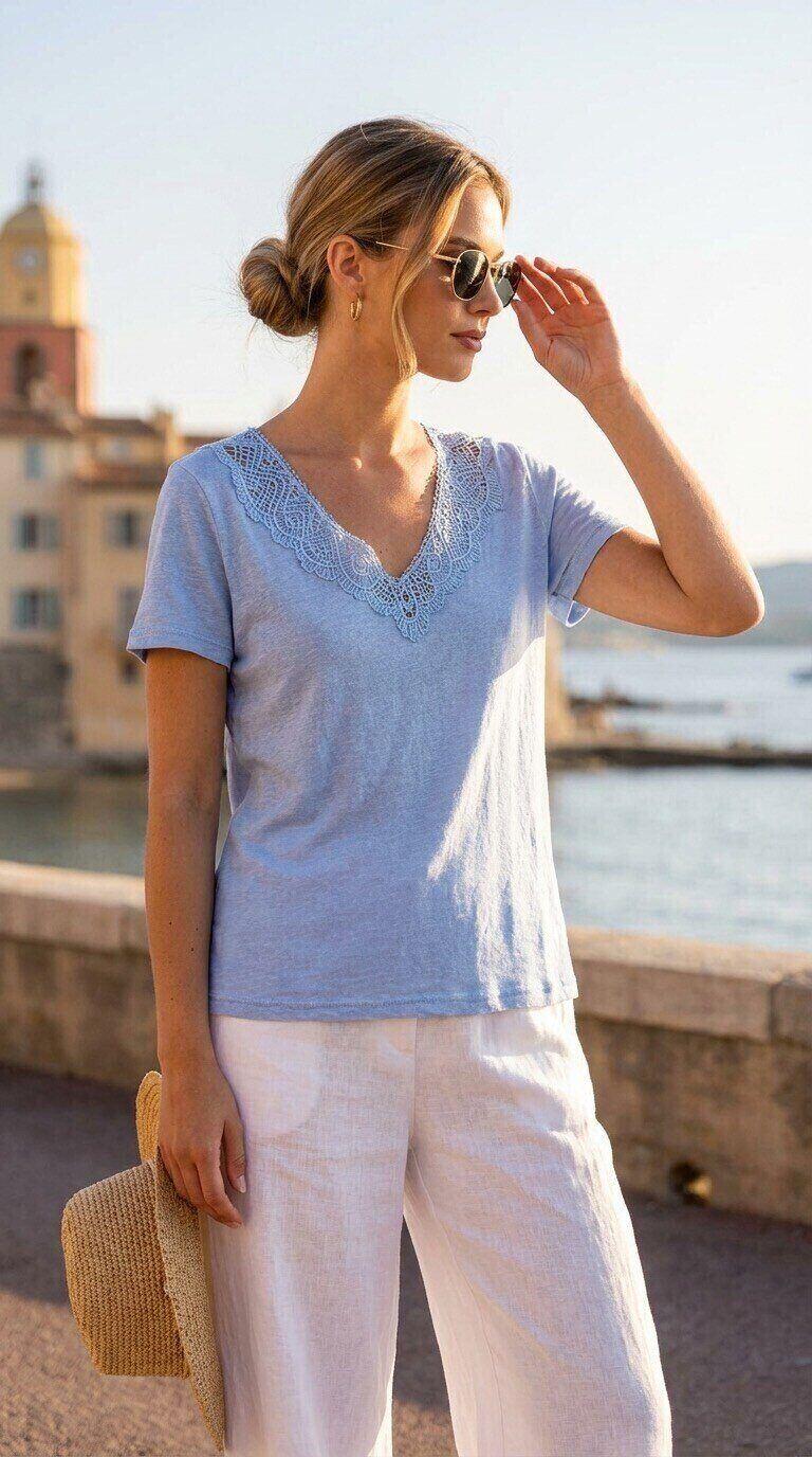 Großhändler Amy&Clo - V-Ausschnitt Spitzen Baumwoll T-Shirt
