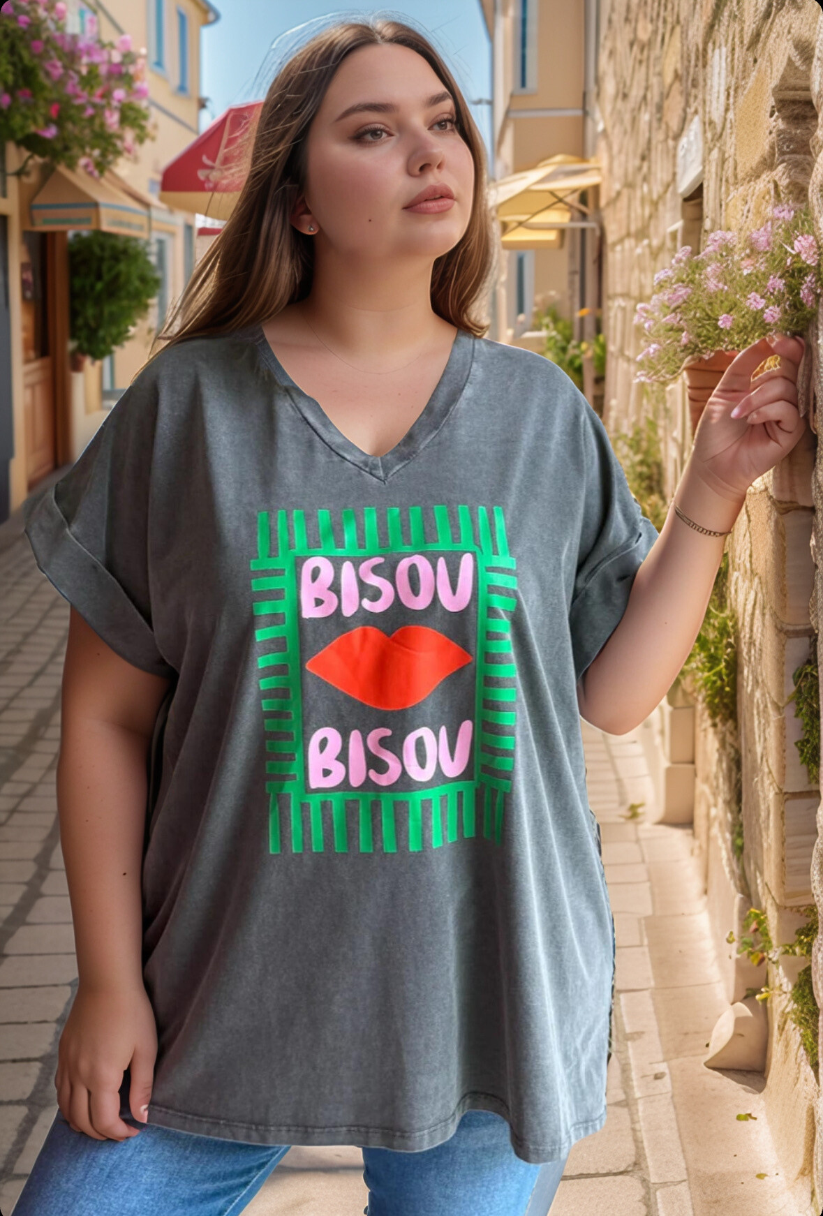 Mayorista Amy&Clo - Camiseta básica de talla grande Plus Size Plus Size Besos