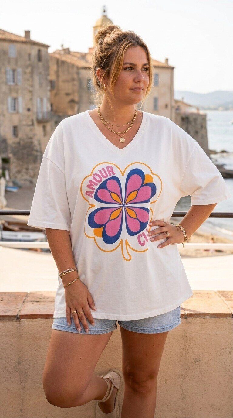 Großhändler Amy&Clo - PLUS SIZE V-Ausschnitt T-Shirt Love Club
