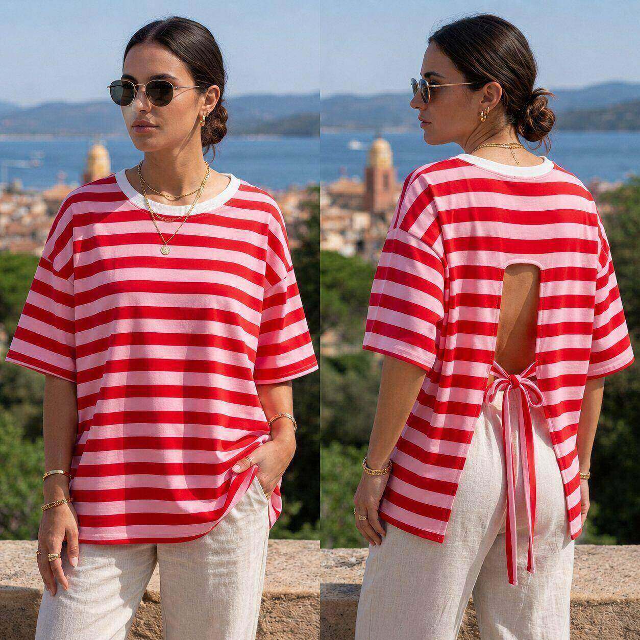 Großhändler Amy&Clo - Gestreiftes T-Shirt mit geripptem Kragen und offenem Rücken