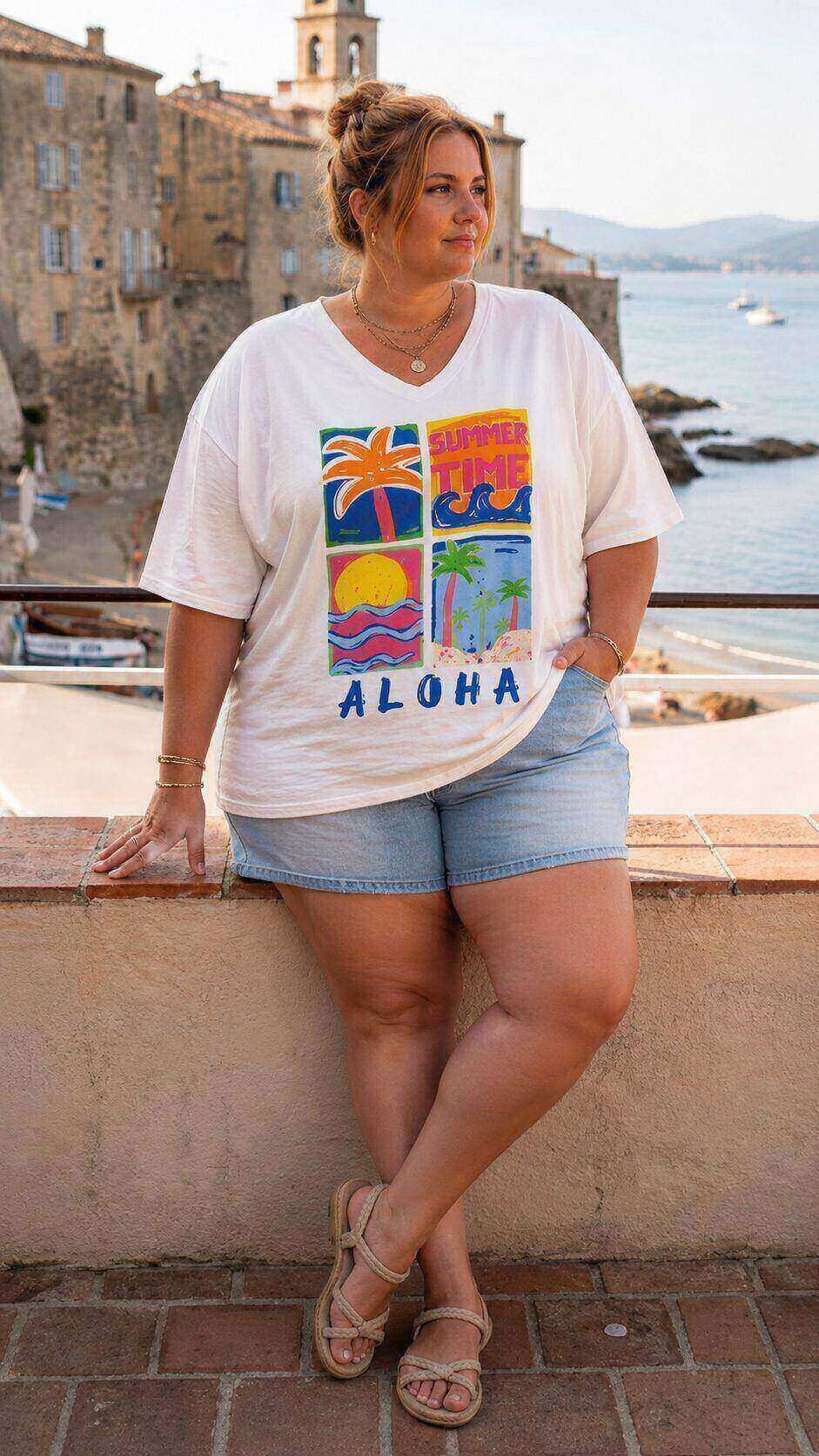Grossista Amy&Clo - T-shirt TAGLIA FORTE scollo a V ALOHA