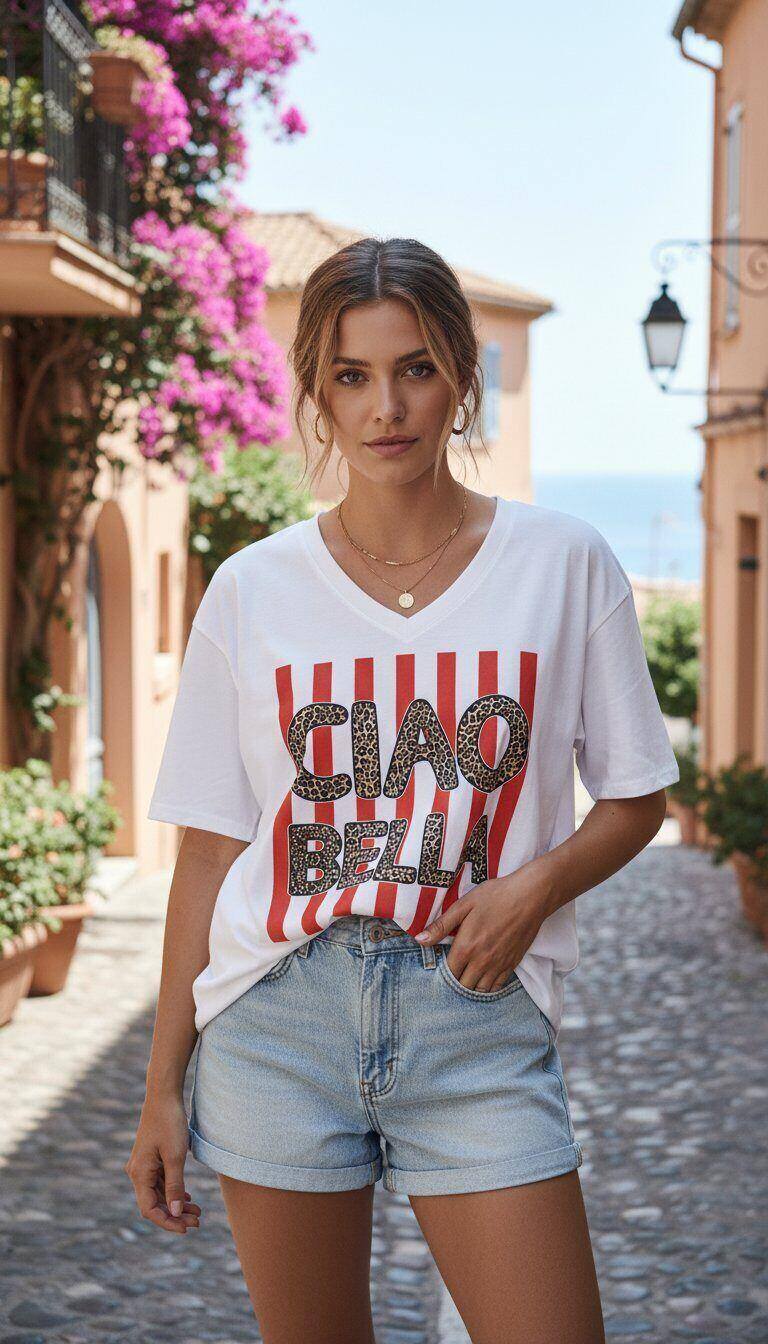 Großhändler Amy&Clo - V-Ausschnitt T-Shirt mit 'Ciao Bella' Druck