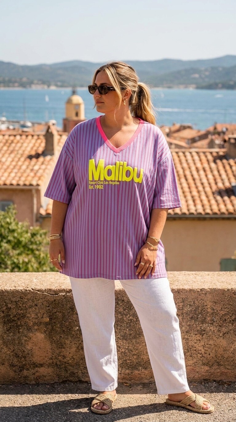 Mayorista Amy&Clo - Camiseta Talla Grande a Rayas Cuello en V Malibu