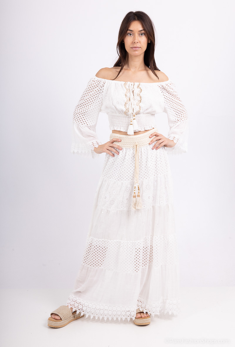 Wholesaler Amy&Clo - Long-sleeved bandana print top with gold pompom details, bohemian style