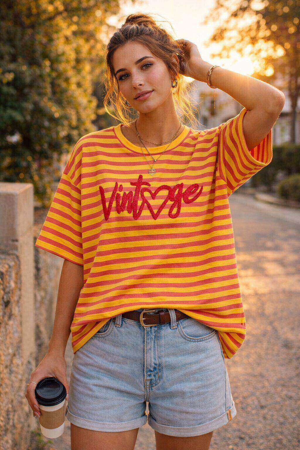 Großhändler Amy&Clo - Gestreiftes Kurzarm-Sweatshirt