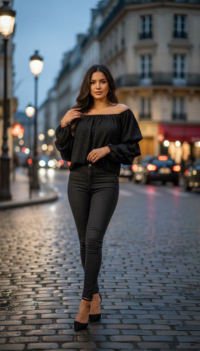 Cette blouse off shoulder se distingue par ses manches volantes élégantes et un effet scintillant subtil. Son col dénudé ajoute une touche de sophistication, tandis que sa coupe fluide met en valeur la silhouette. Parfaite pour des looks à la fois décontractés et habillés. TU =  36-42,