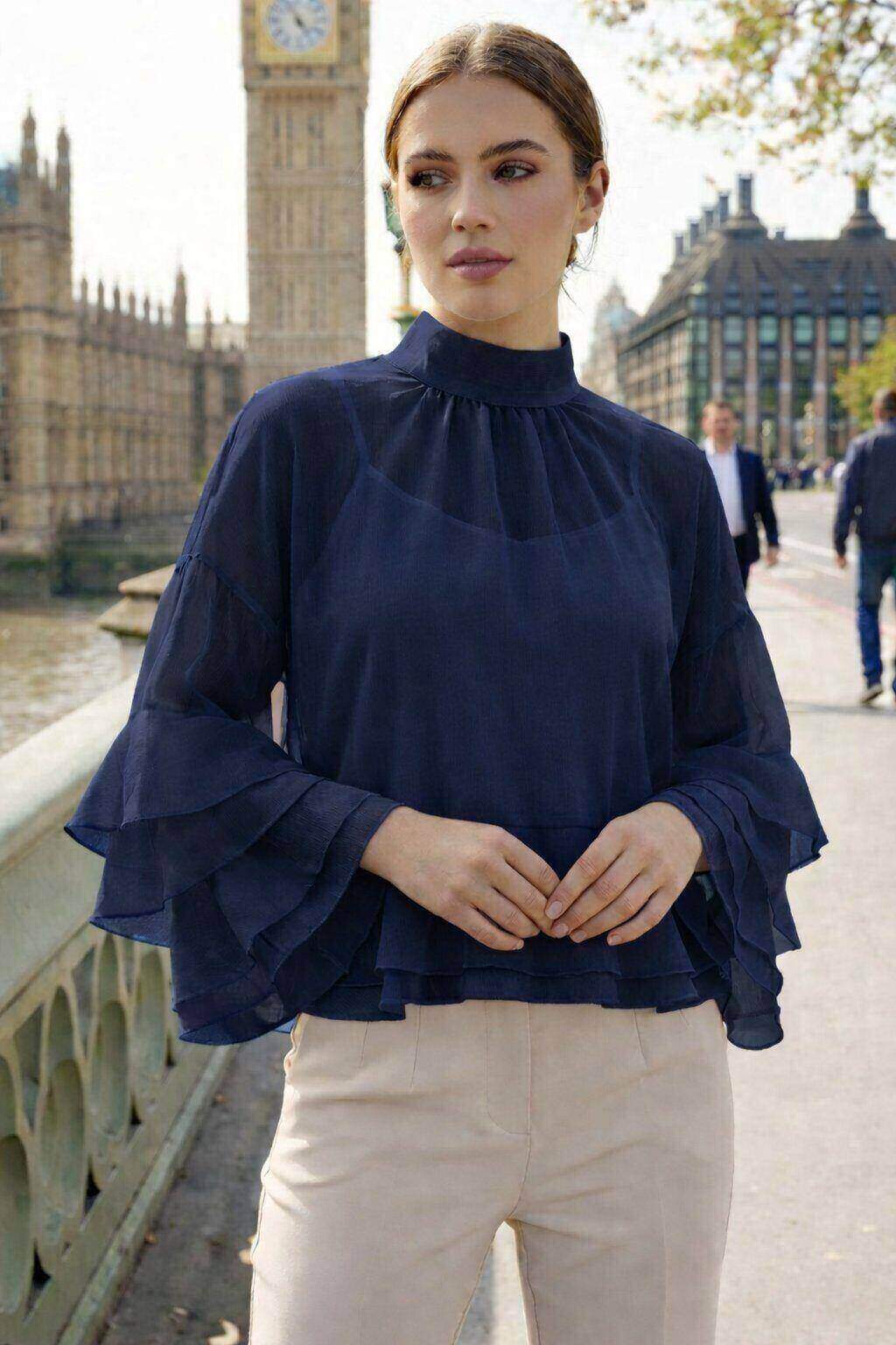 Grossiste Amy&Clo - Blouse Lyocell à Manches Froncées