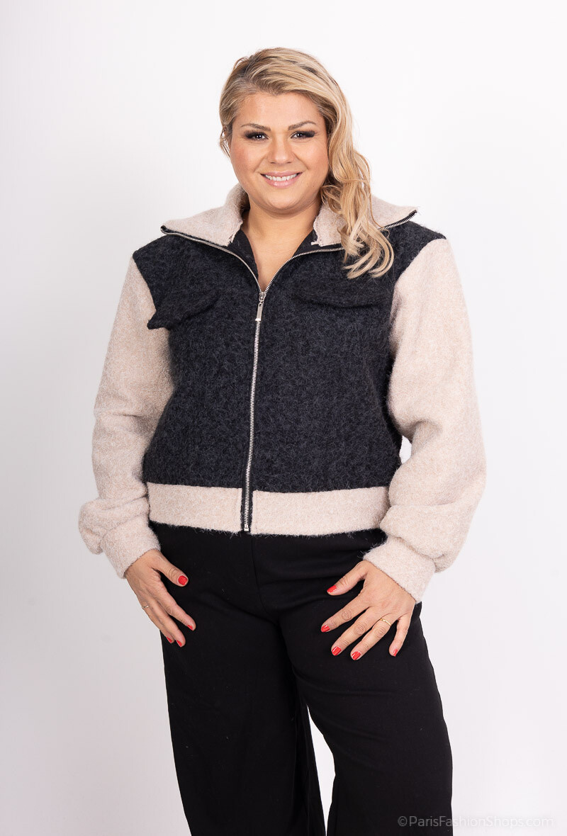 Grossiste Amy&Clo - PLUS SIZE Veste à zip, effet laine et bicolor