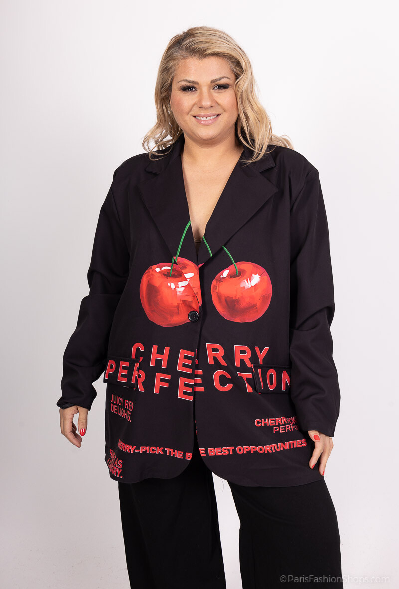 Grossiste Amy&Clo - PLUS SIZE Blazer noir avec dessin "cerise"