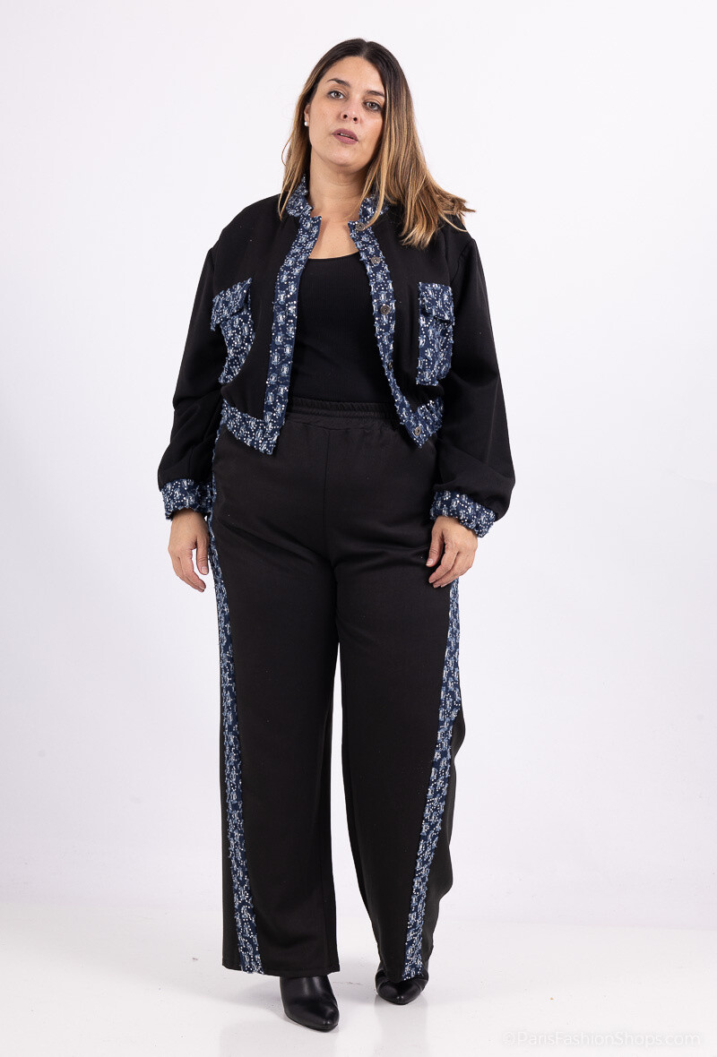 Grossista Amy&Clo - PLUS SIZE Giacca corta con bottoni e inserti in denim effetto lucido