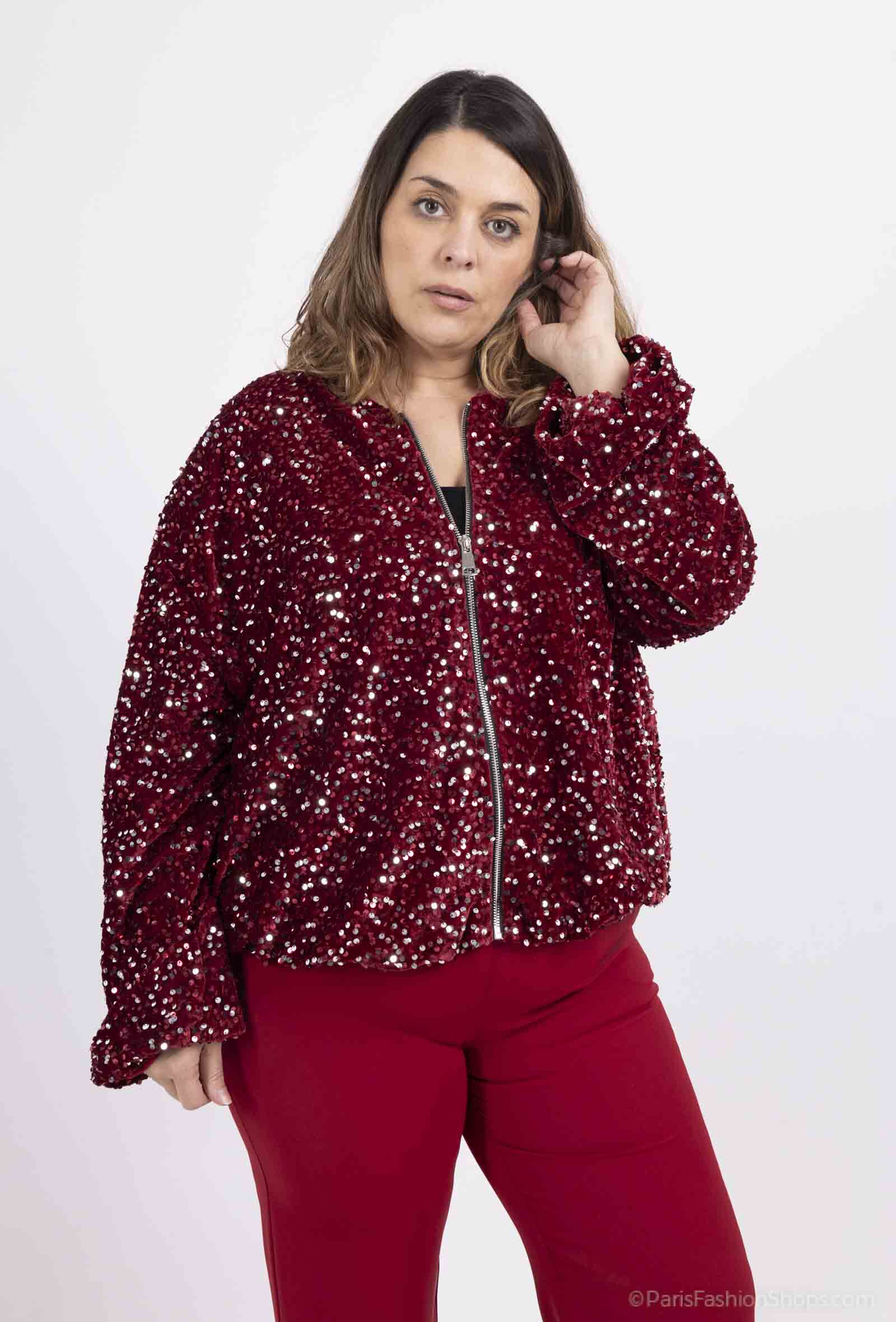 Grossista Amy&Clo - Giacca taglie forti con paillettes e elastico in fondo, foderata