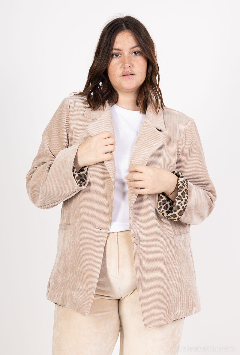 Grossista Amy&Clo - Blazer Taglia Grande in Velluto a Coste con Fodera Leopardata