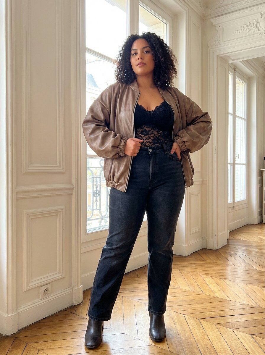 Veste en simili cuir, coupe décontractée avec manches longues. Col montant et poches latérales pratiques. Finitions soignées et style contemporain, parfaite pour un look urbain. Idéale pour une superposition avec vos vêtements préférés. TU = 42-48.