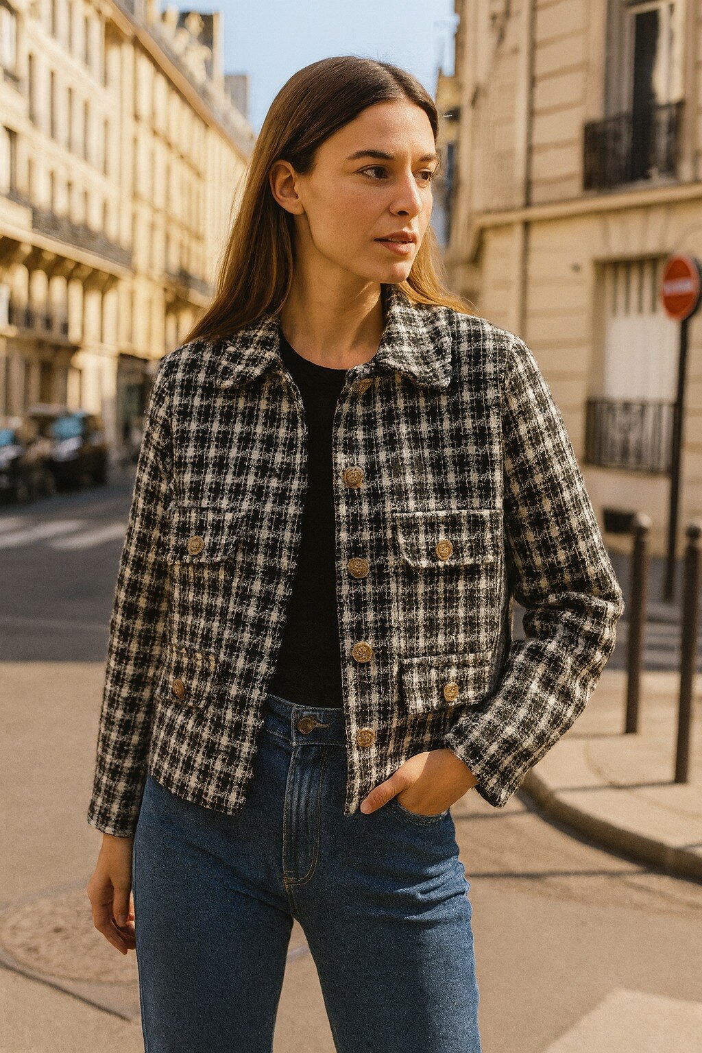 Großhändler Amy&Clo - Kurze Tweedjacke mit goldenen Knöpfen