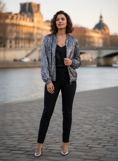 Grossiste Amy&Clo - Veste bomber en velours à sequins Grossiste Amy&Clo - Veste bomber en velours à sequins