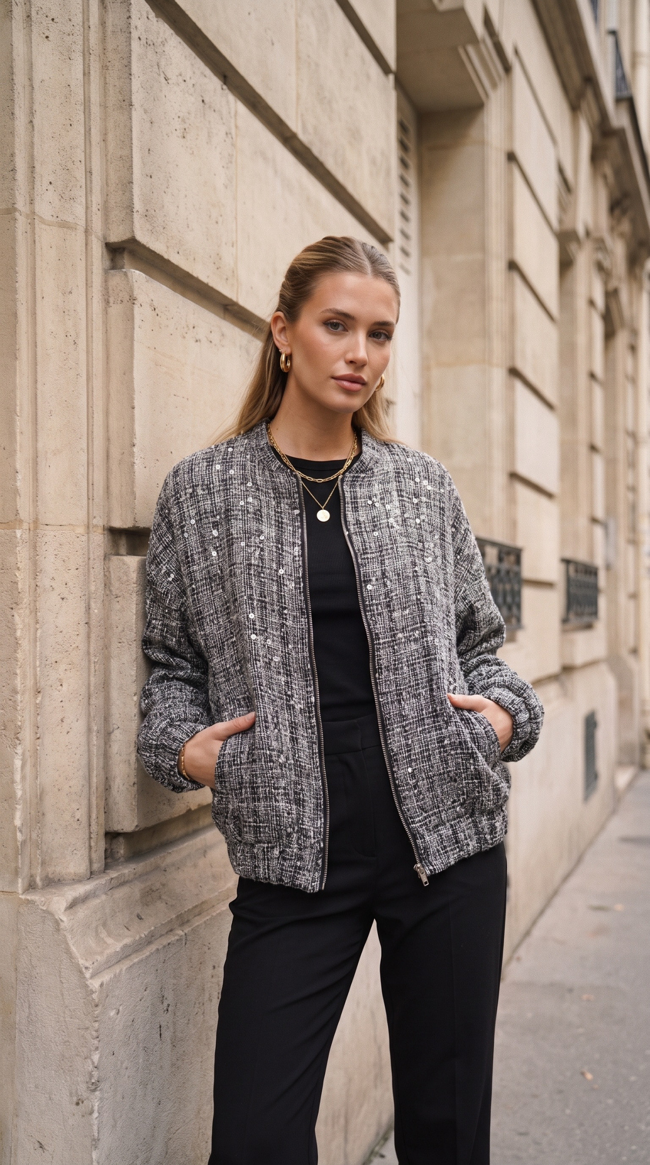 Grossista Amy&Clo - Giacca bomber testurizzata con paillettes