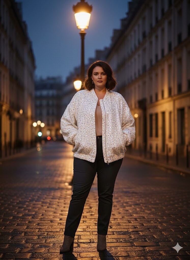 Veste en denim plus size avec un effet strass. Manches longues et col montant. Fermeture éclair avant et style décontracté. Parfaite pour une tenue tendance et chic, alliant confort et style. TU= 42-48,